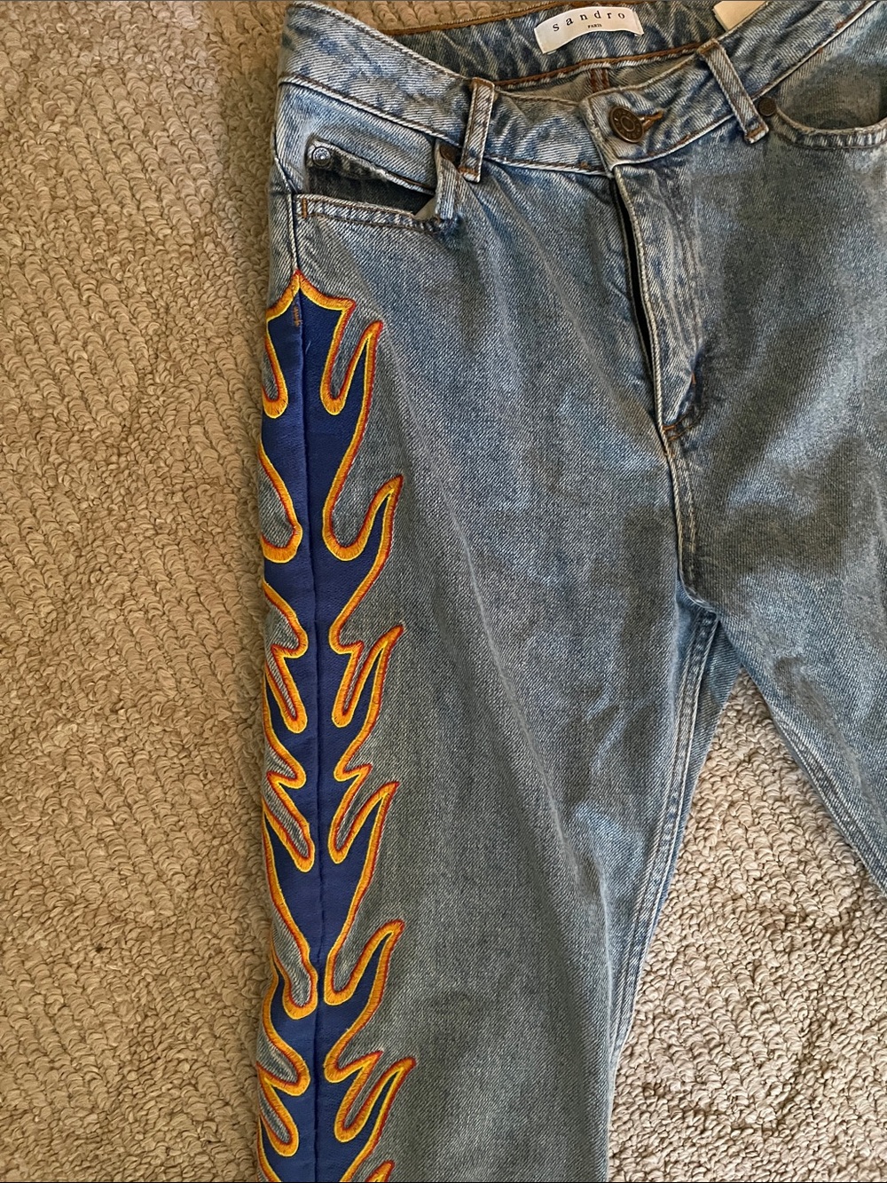 Sandro Blue Denim Skinny Jeans with Navy & Gold Flame Trim - Picture 2 of 7